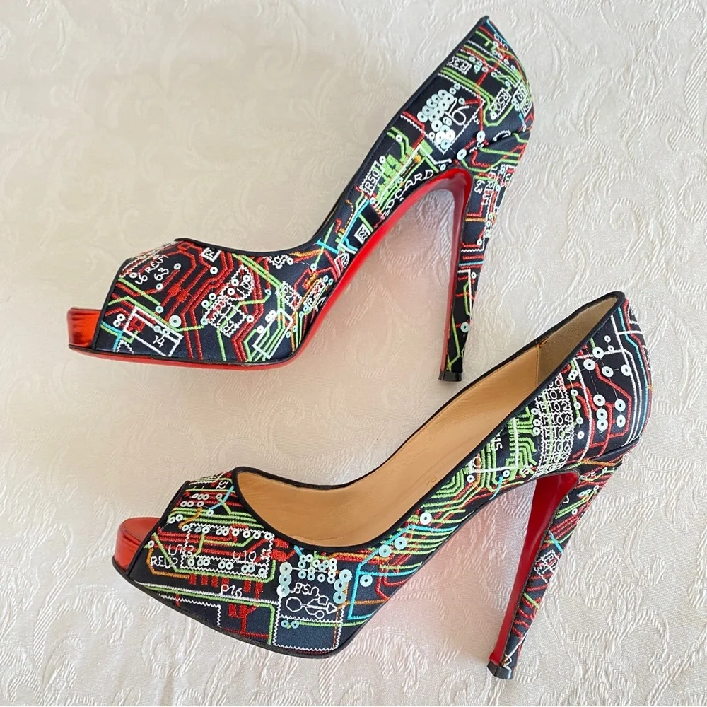 Christian louboutin embroidered peep toe platform pumps